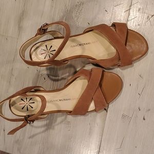 ISAACMIZRAHILIVE IMSASSY LEATHER UPPER TAN SUADE WEDGE NEW W/O TAGS